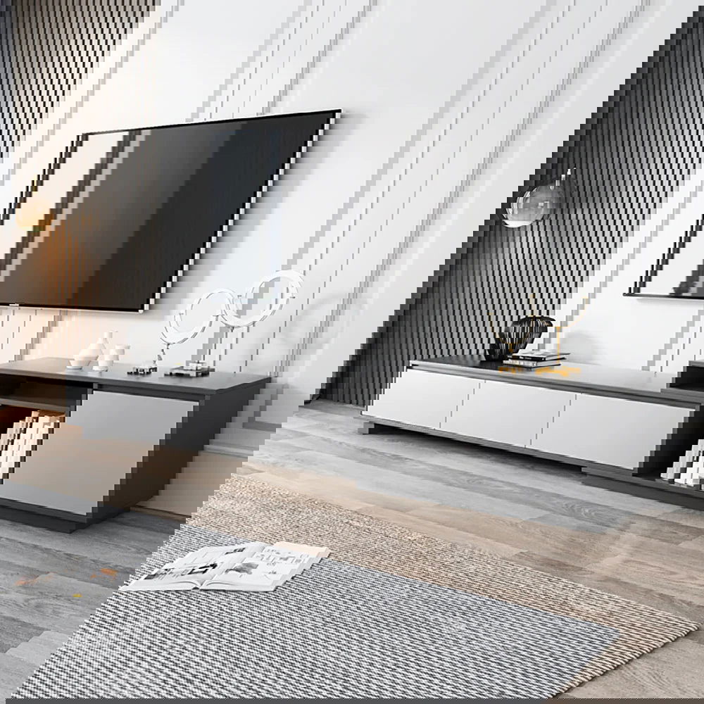 Modern Black Wood Retracted & Extendable TV Stand with 3-Drawer Up to 3048mm - 