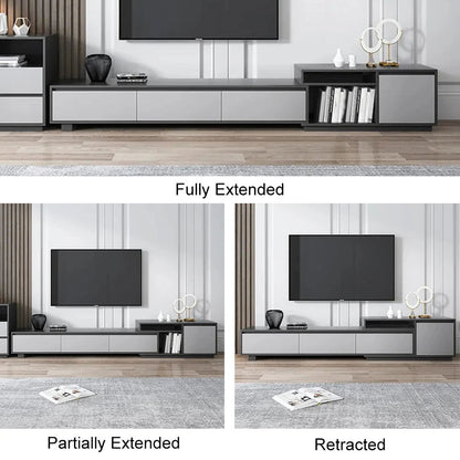 Modern Black Wood Retracted & Extendable TV Stand with 3-Drawer Up to 3048mm - 