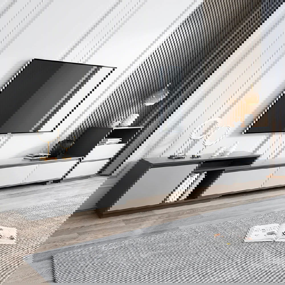 Modern Black Wood Retracted & Extendable TV Stand with 3-Drawer Up to 3048mm - Homary