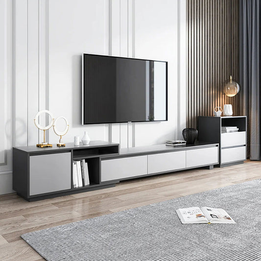 Modern Black Wood Retracted & Extendable TV Stand with 3-Drawer Up to 3048mm - Homary