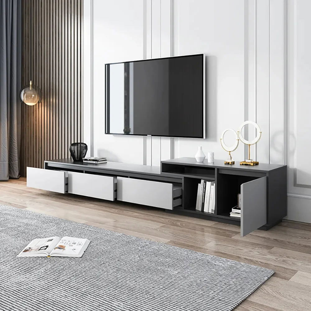 Modern Black Wood Retracted & Extendable TV Stand with 3-Drawer Up to 3048mm - Homary