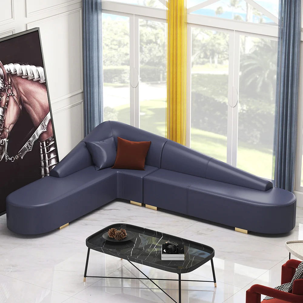 Modern Blue Faux Leather Sectional Upholstered L-Shaped Corner Sofa - 