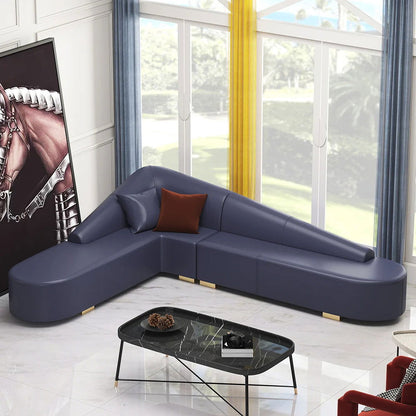 Modern Blue Faux Leather Sectional Upholstered L-Shaped Corner Sofa - 