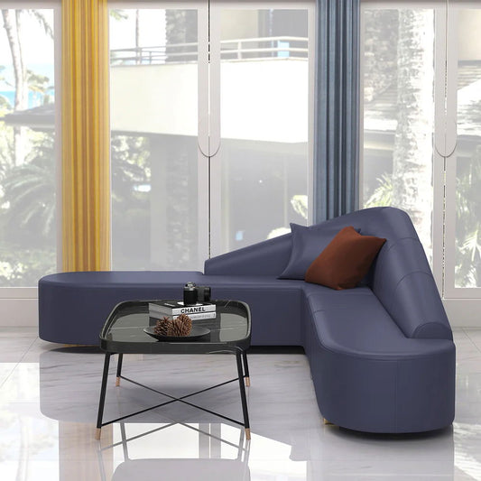 Modern Blue Faux Leather Sectional Upholstered L-Shaped Corner Sofa - Homary