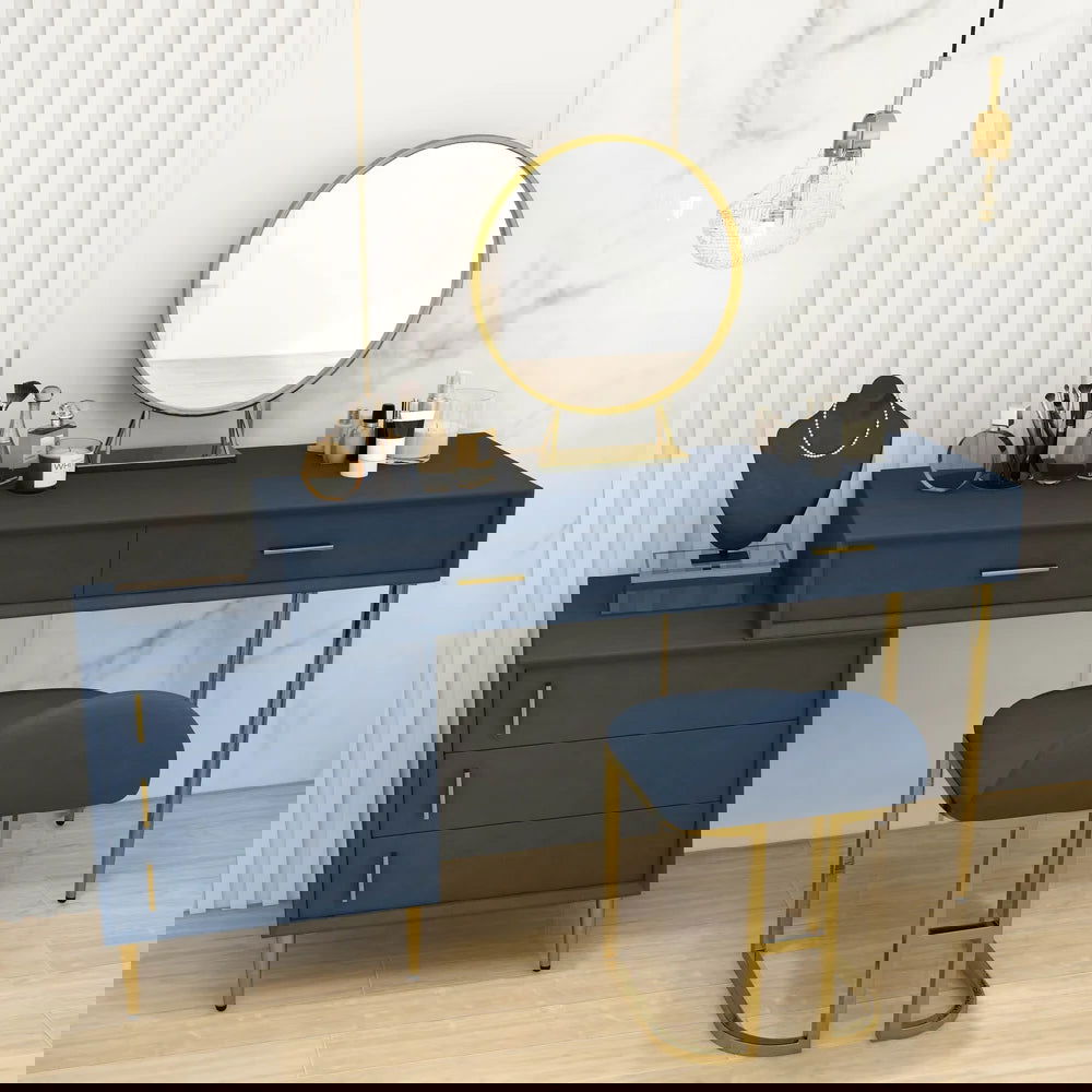 Modern Blue Makeup Vanity Set Retracted Dressing Table Cabinet&Stool&Mirror Included - 