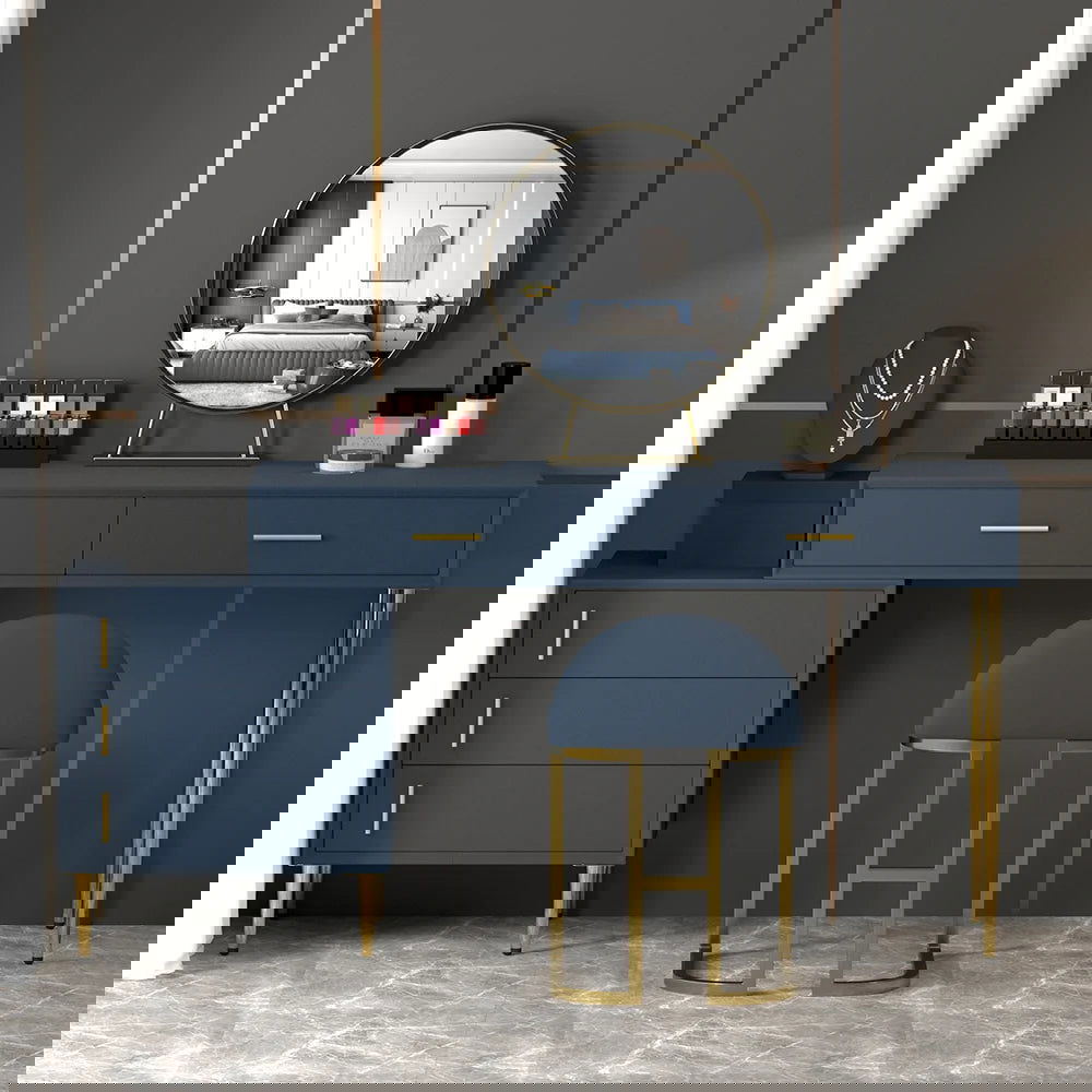 Modern Blue Makeup Vanity Set Retracted Dressing Table Cabinet&Stool&Mirror Included - 