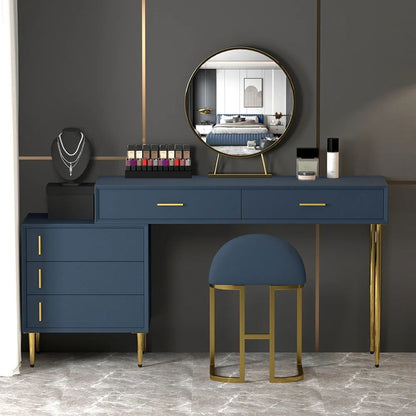 Modern Blue Makeup Vanity Set Retracted Dressing Table Cabinet&Stool&Mirror Included - 