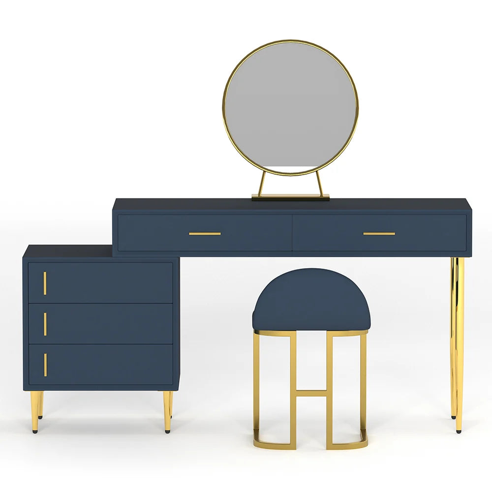 Modern Blue Makeup Vanity Set Retracted Dressing Table Cabinet&Stool&Mirror Included - 
