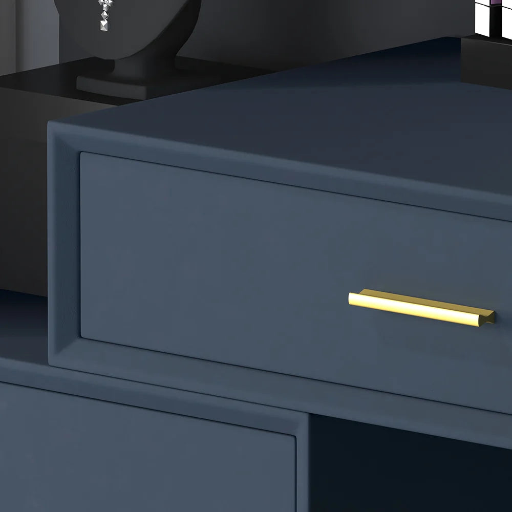 Modern Blue Makeup Vanity Set Retracted Dressing Table Cabinet&Stool&Mirror Included - 