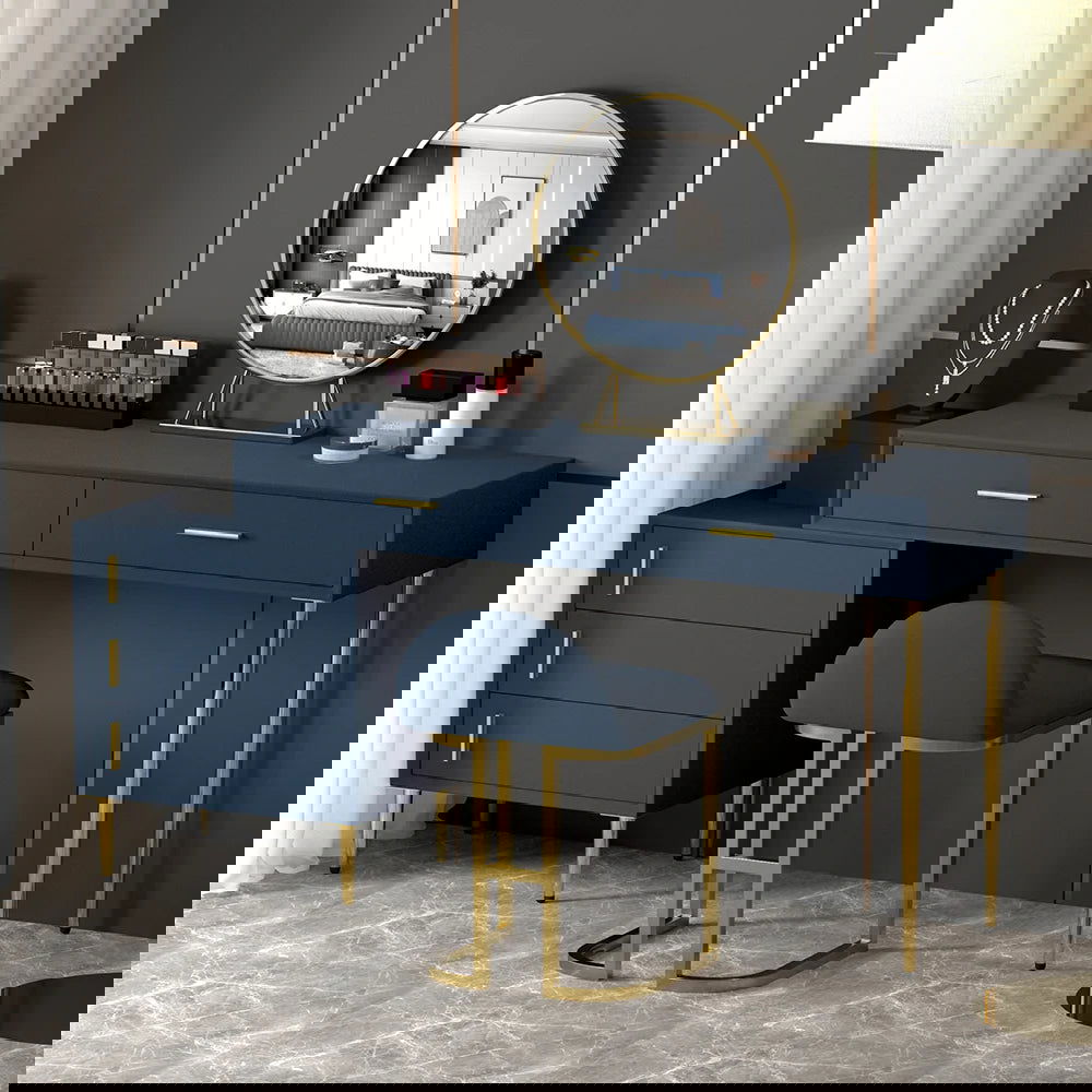 Modern Blue Makeup Vanity Set Retracted Dressing Table Cabinet&Stool&Mirror Included - Homary