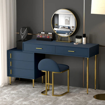 Modern Blue Makeup Vanity Set Retracted Dressing Table Cabinet&Stool&Mirror Included - Homary