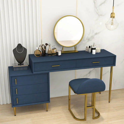 Modern Blue Makeup Vanity Set Retracted Dressing Table Cabinet&Stool&Mirror Included - Homary