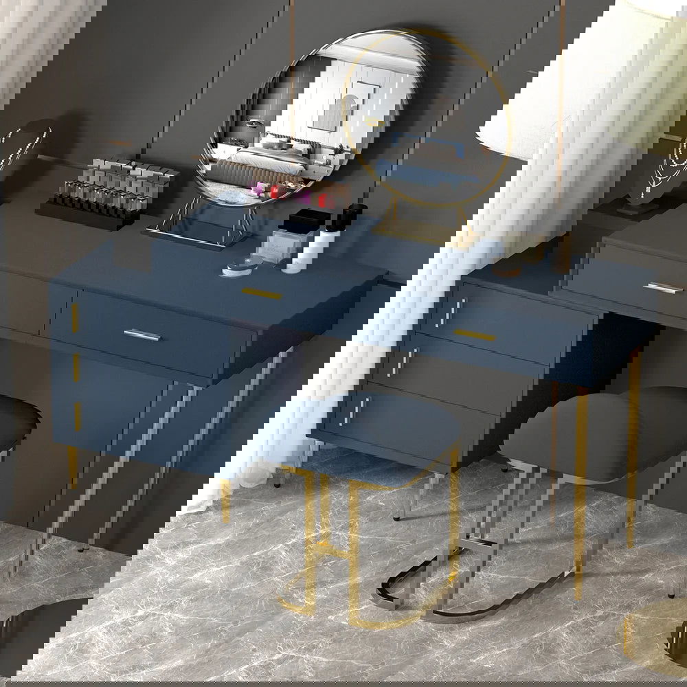 Modern Blue Makeup Vanity Set Retracted Dressing Table Cabinet&Stool&Mirror Included - Homary