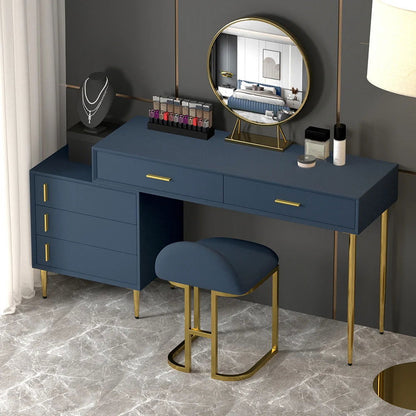 Modern Blue Makeup Vanity Set Retracted Dressing Table Cabinet&Stool&Mirror Included - Homary