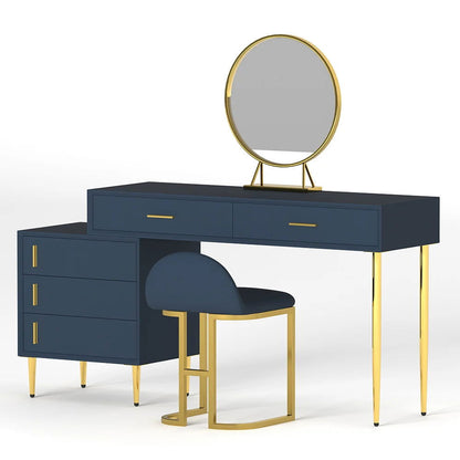 Modern Blue Makeup Vanity Set Retracted Dressing Table Cabinet&Stool&Mirror Included - Homary