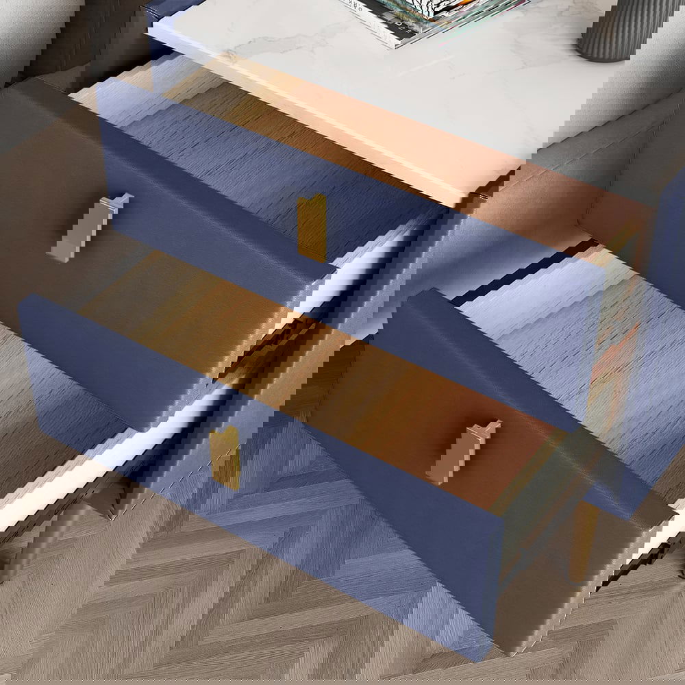 Modern Blue Nightstand 2 Drawers PU Leather Nightstand with Gold Metal Legs - 