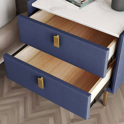 Modern Blue Nightstand 2 Drawers PU Leather Nightstand with Gold Metal Legs - 
