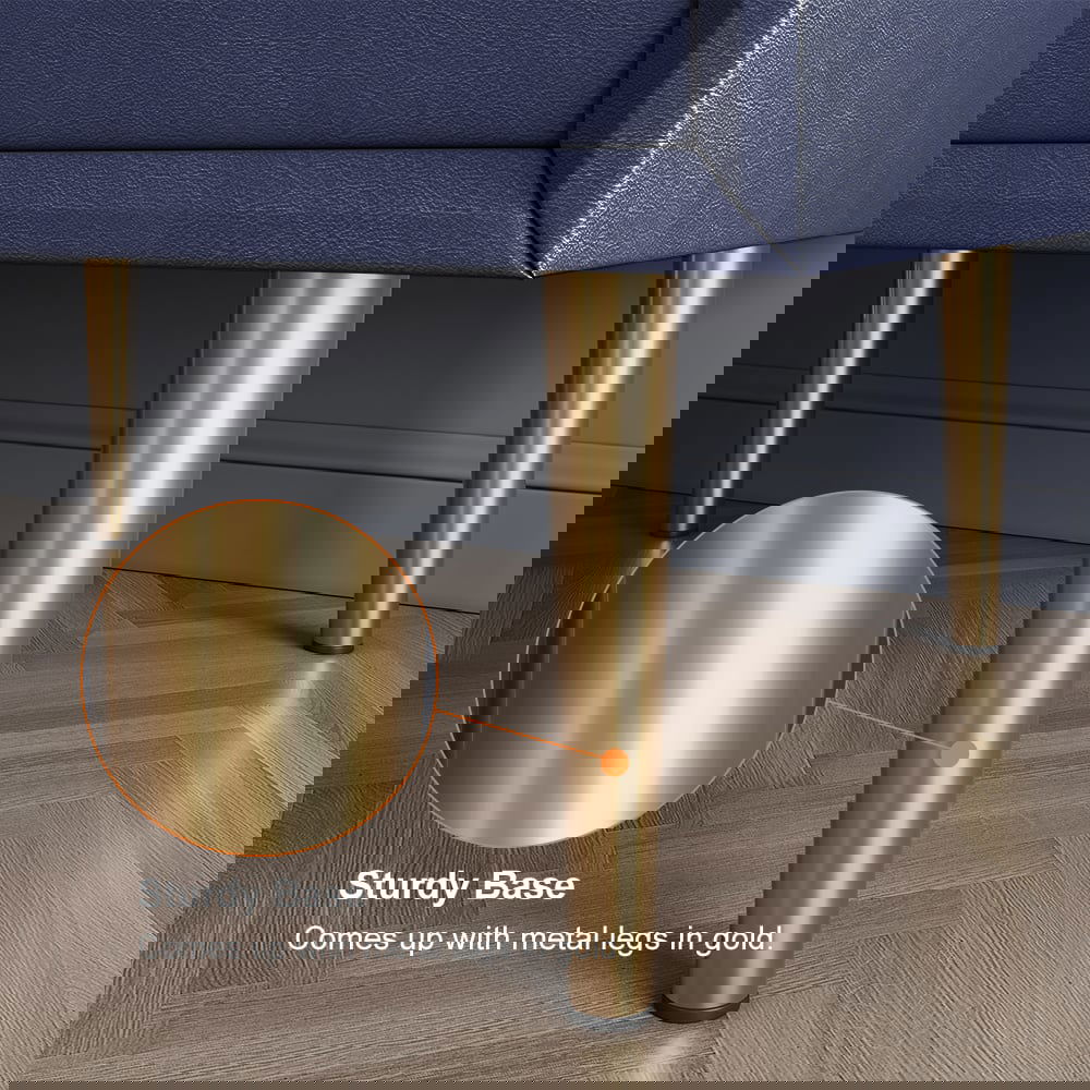 Modern Blue Nightstand 2 Drawers PU Leather Nightstand with Gold Metal Legs - 