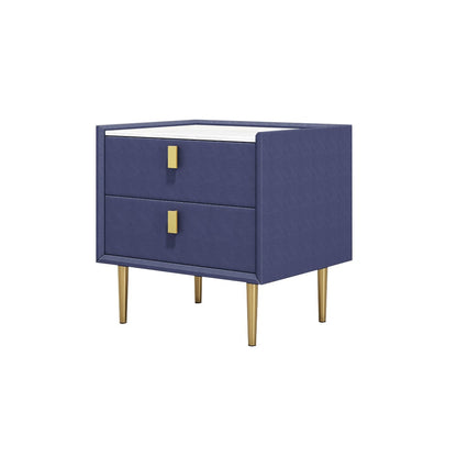 Modern Blue Nightstand 2 Drawers PU Leather Nightstand with Gold Metal Legs - 
