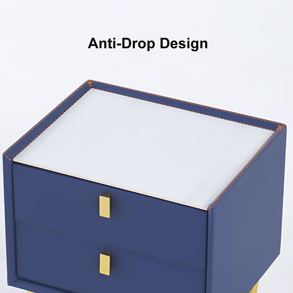 Modern Blue Nightstand 2 Drawers PU Leather Nightstand with Gold Metal Legs - 