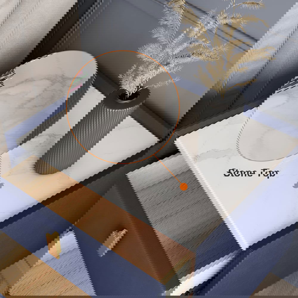 Modern Blue Nightstand 2 Drawers PU Leather Nightstand with Gold Metal Legs - 