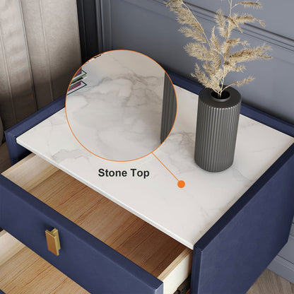 Modern Blue Nightstand 2 Drawers PU Leather Nightstand with Gold Metal Legs - 