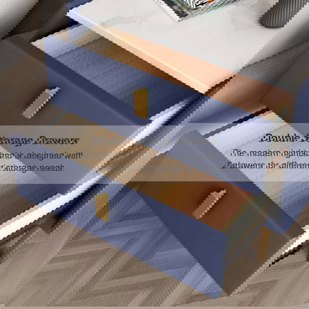 Modern Blue Nightstand 2 Drawers PU Leather Nightstand with Gold Metal Legs - 