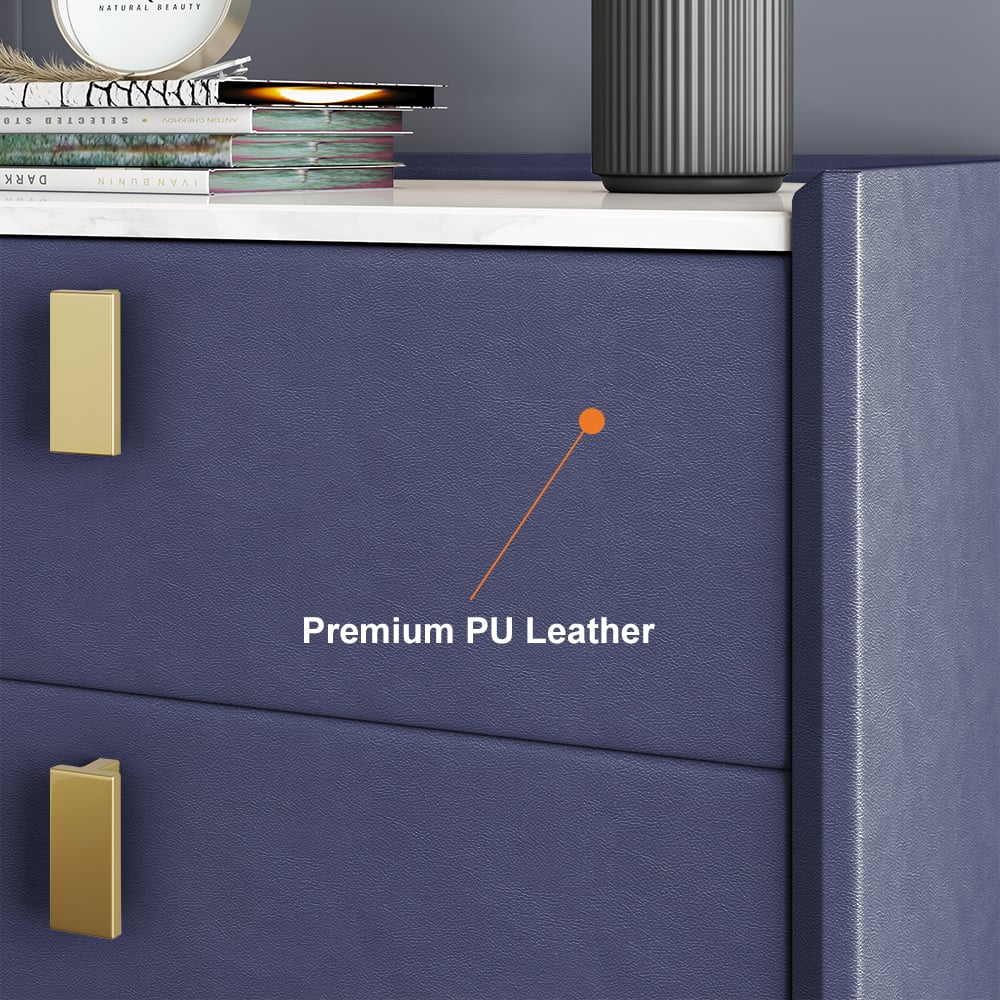 Modern Blue Nightstand 2 Drawers PU Leather Nightstand with Gold Metal Legs - 