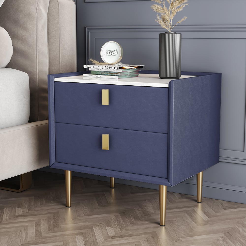 Modern Blue Nightstand 2 Drawers PU Leather Nightstand with Gold Metal Legs - Homary