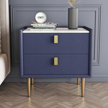 Modern Blue Nightstand 2 Drawers PU Leather Nightstand with Gold Metal Legs - Homary