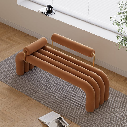Modern Brown Line Tufted Bench Velvet Upholstered Entryway Bench in Gold Finish - 