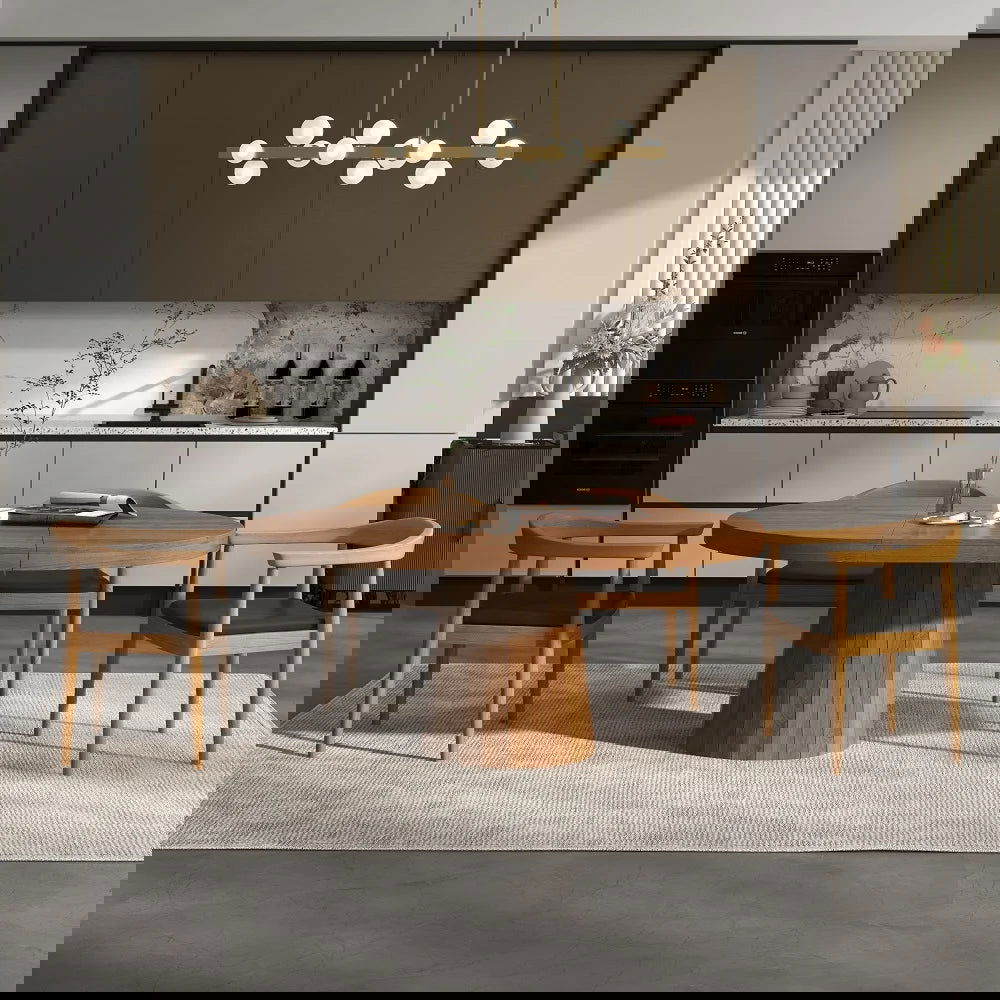 Modern Curved Back 4-Piece Dining Chair Upholstered Leather Walnut Wooden Armchair - 