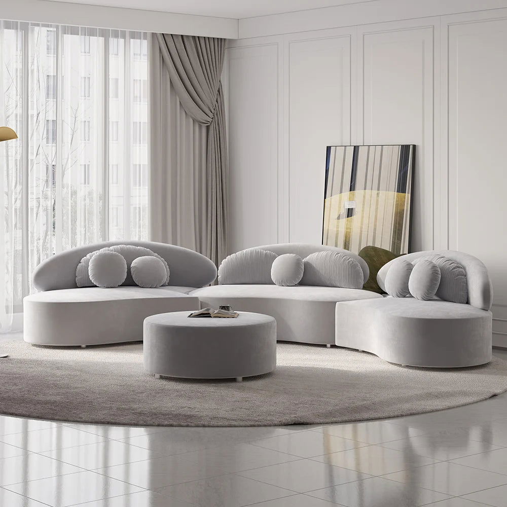 Modern Curved Sectional Modular Sofa Light Gray Velvet Upholstered 7-Seater - 