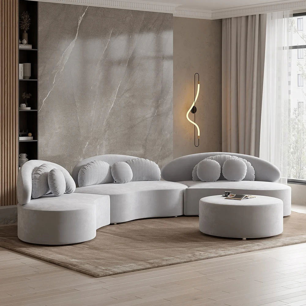 Modern Curved Sectional Modular Sofa Light Gray Velvet Upholstered 7-Seater - 