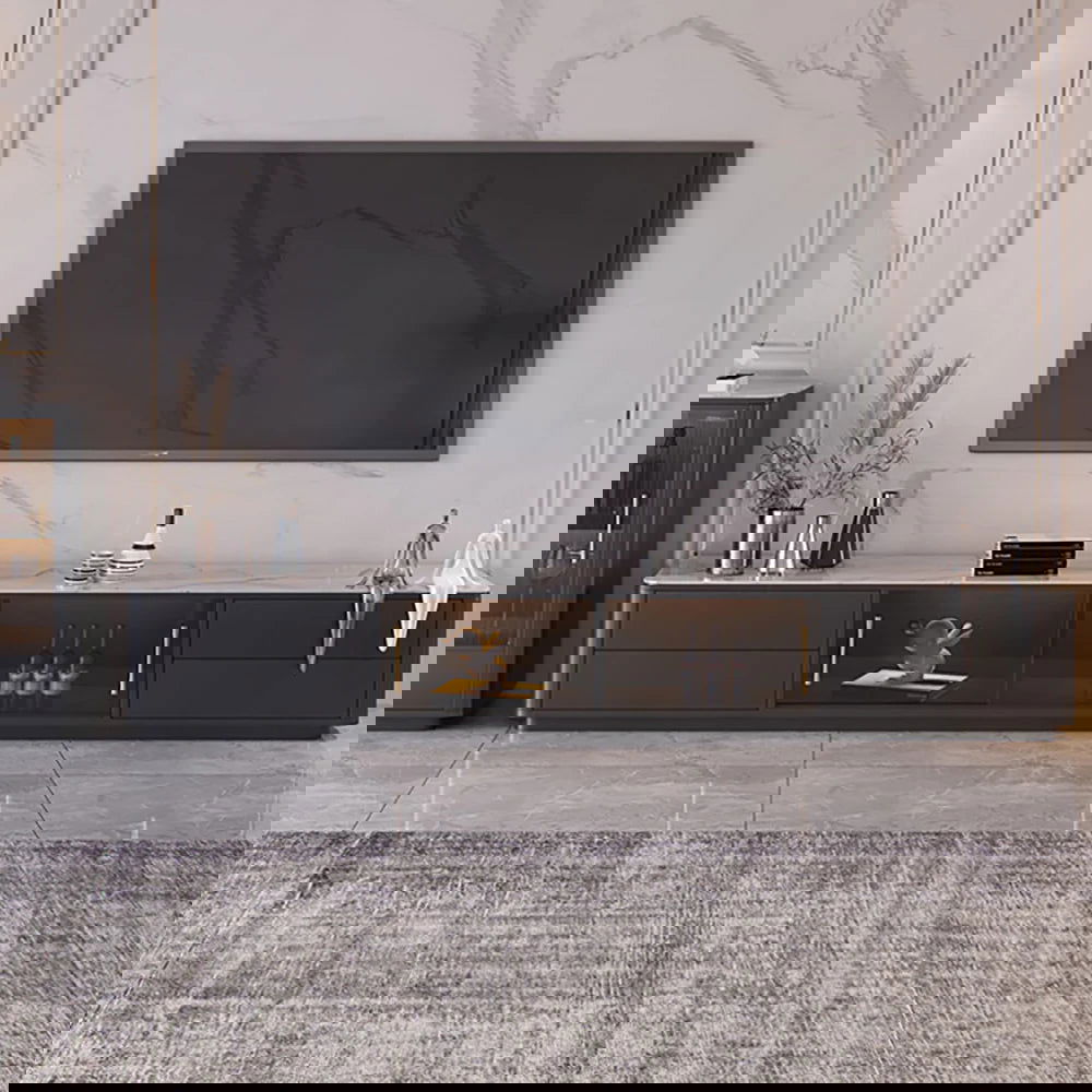 Modern Dark Gray TV Stand Stone Top 4-Drawer Glass Doors Media Console in Large - 