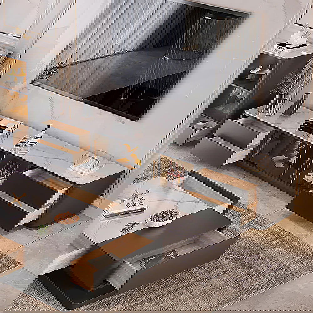 Modern Dark Gray TV Stand Stone Top 4-Drawer Glass Doors Media Console in Large - 