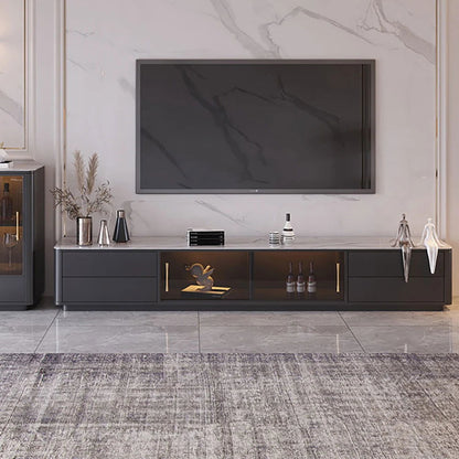 Modern Dark Gray TV Stand Stone Top 4-Drawer Glass Doors Media Console in Large - Approved By Design