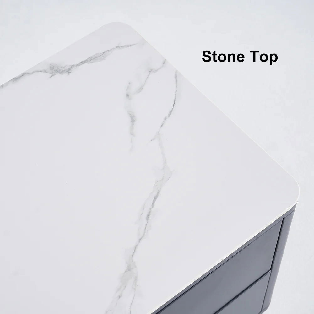 Modern Dark Gray TV Stand Stone Top 4-Drawer Glass Doors Media Console in Large - Approved By Design