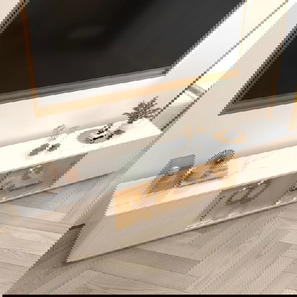 Modern Dark Gray TV Stand Stone Top 4-Drawer Glass Doors Media Console in Large - Approved By Design