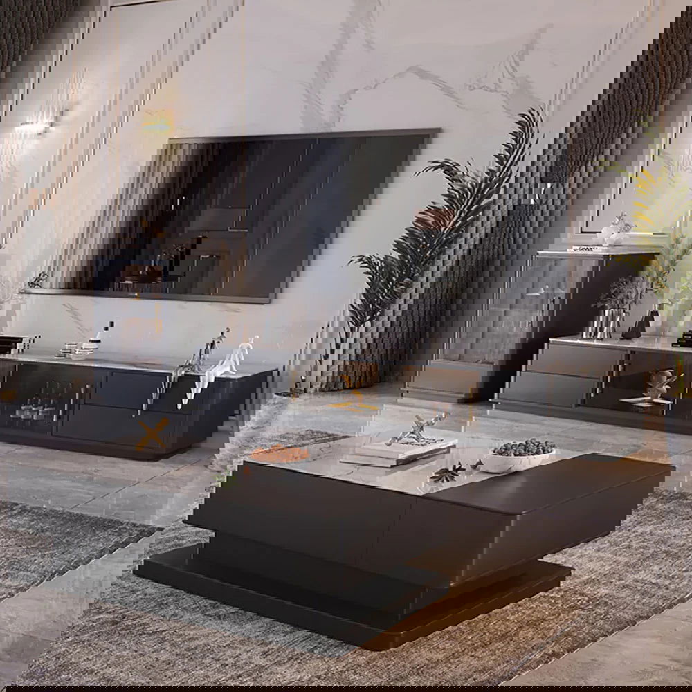 Modern Dark Gray TV Stand Stone Top 4-Drawer Glass Doors Media Console in Large - Approved By Design