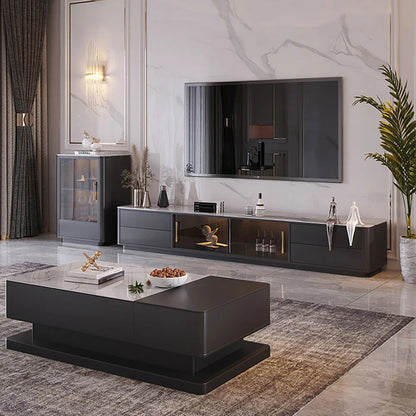 Modern Dark Gray TV Stand Stone Top 4-Drawer Glass Doors Media Console in Large - Approved By Design