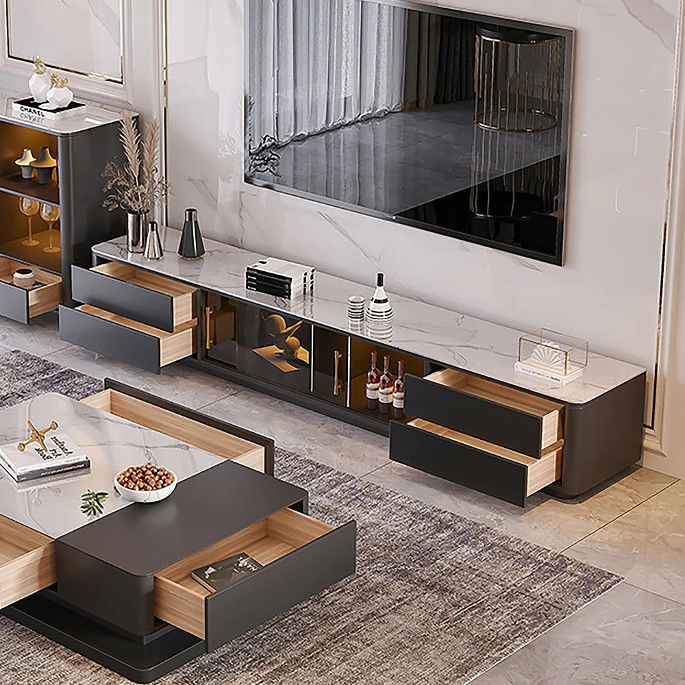 Modern Dark Gray TV Stand Stone Top 4-Drawer Glass Doors Media Console in Large - Approved By Design