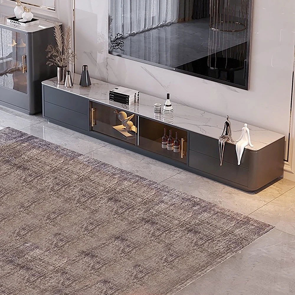 Modern Dark Gray TV Stand Stone Top 4-Drawer Glass Doors Media Console in Large - Approved By Design