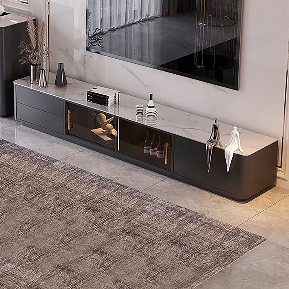 Modern Dark Gray TV Stand Stone Top 4-Drawer Glass Doors Media Console in Large - Approved By Design