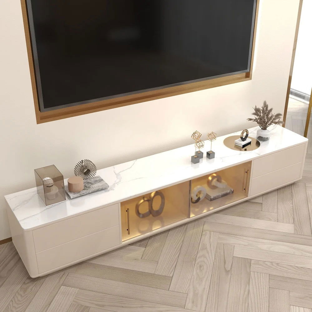 Modern Dark Gray TV Stand Stone Top 4-Drawer Glass Doors Media Console in Large - Approved By Design