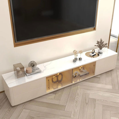 Modern Dark Gray TV Stand Stone Top 4-Drawer Glass Doors Media Console in Large - Approved By Design