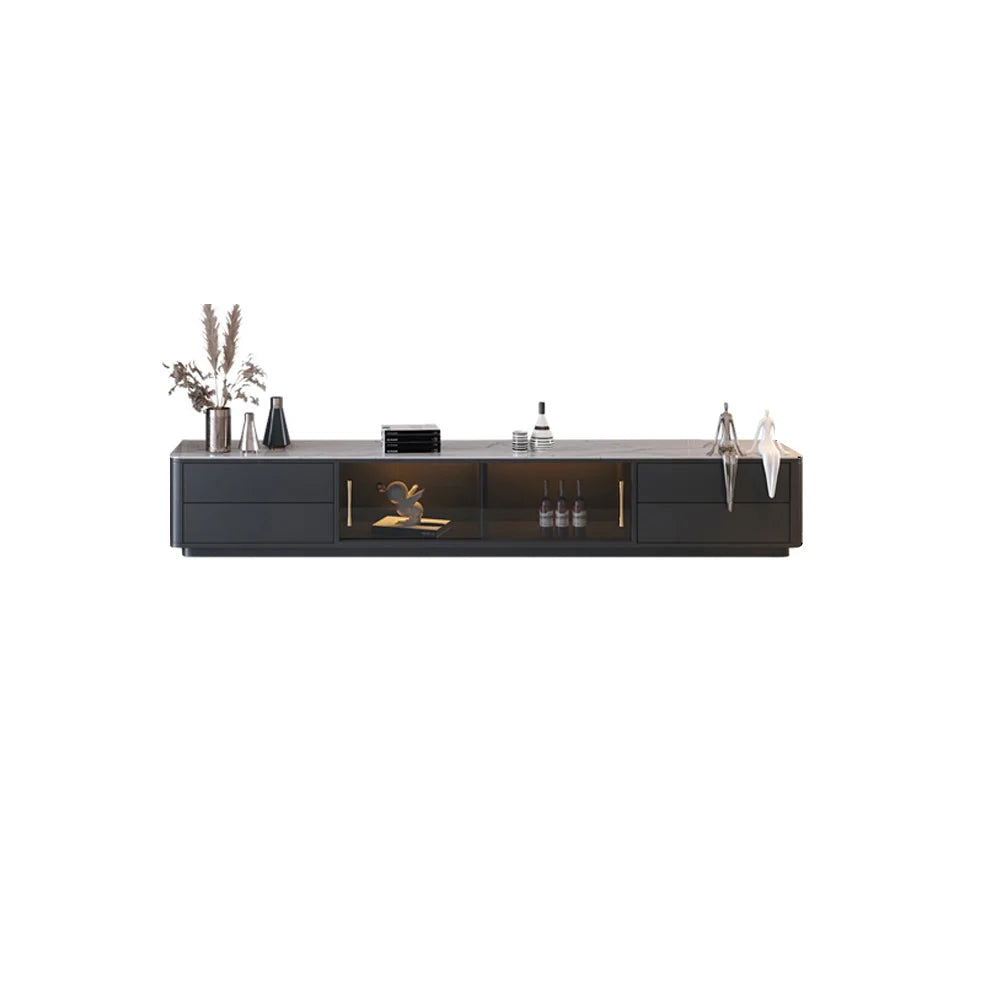 Modern Dark Gray TV Stand Stone Top 4-Drawer Glass Doors Media Console in Large - Approved By Design