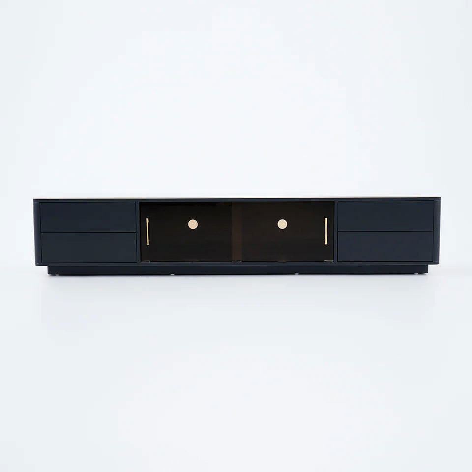 Modern Dark Gray TV Stand Stone Top 4-Drawer Glass Doors Media Console in Large - Approved By Design