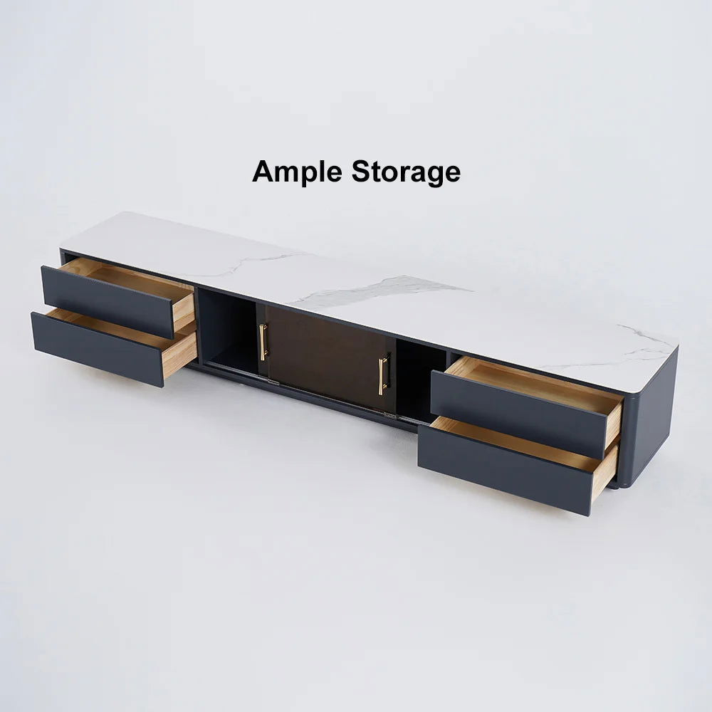 Modern Dark Gray TV Stand Stone Top 4-Drawer Glass Doors Media Console in Large - Approved By Design