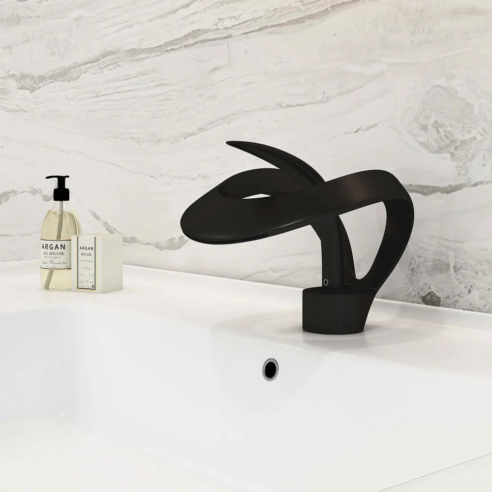 Modern Elegant Waterfall Bathroom Basin Tap Single Lever Handle Solid Brass - 